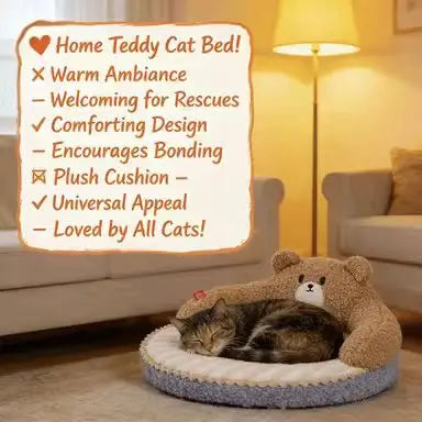 Teddy Bear Cat Bed: Cozy Rest, Striped Surface, Plush Design (Brown-Blue)