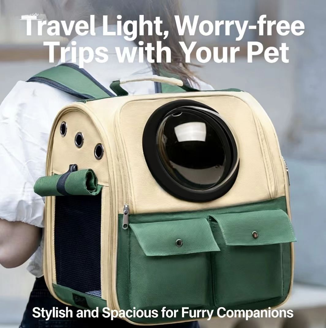 Travel Pet Backpack Carrier - Airy Mesh, Dual Pocket, Khaki & Green