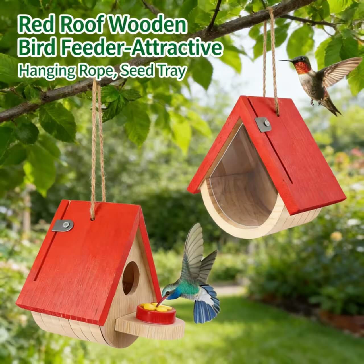Attractive Red Roof Wooden Bird Feeder: Hanging Rope, Seed Tray for Small Birds