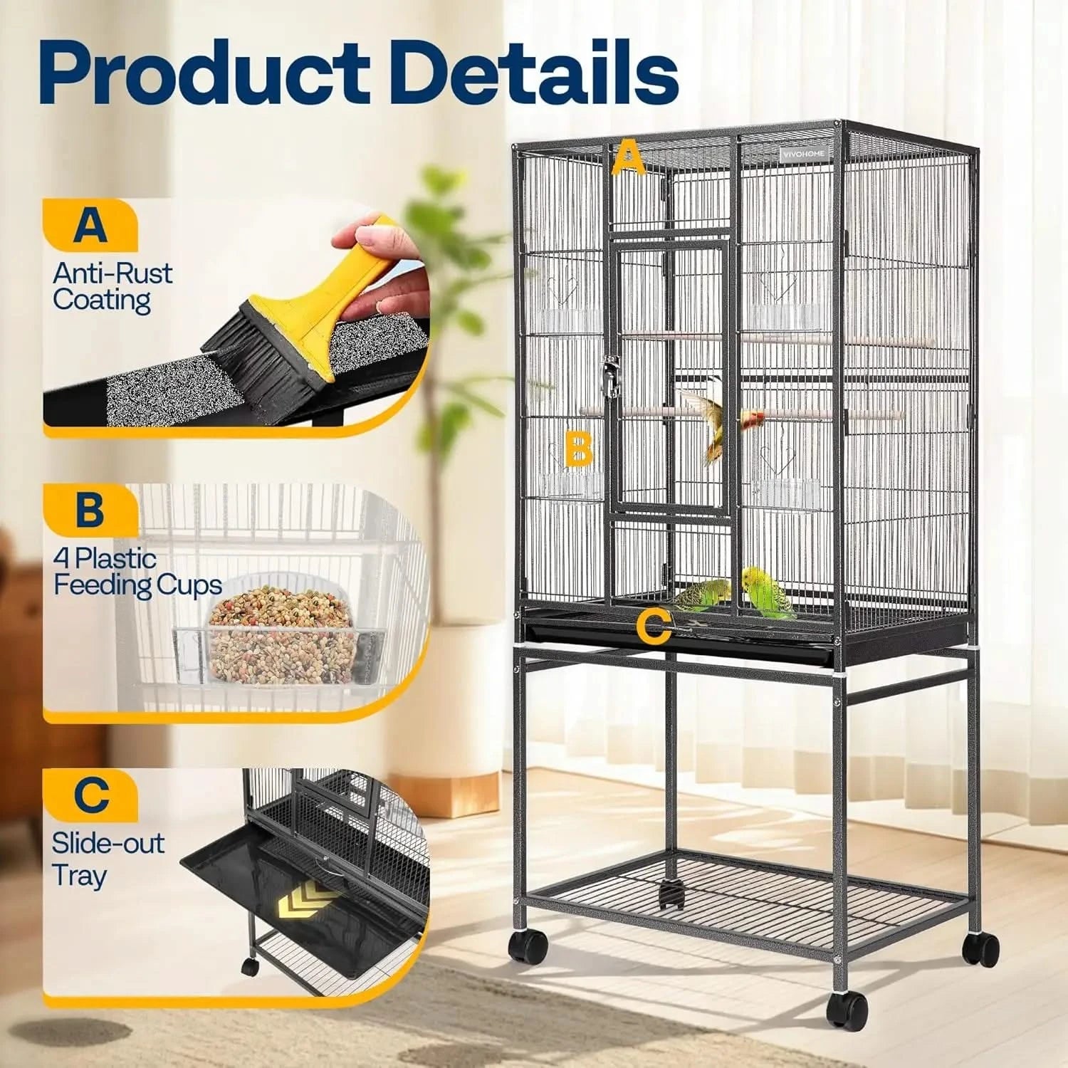 VIVOHOME 54-inch Wrought Iron Flight Cage, Rolling Stand for Pet Birds