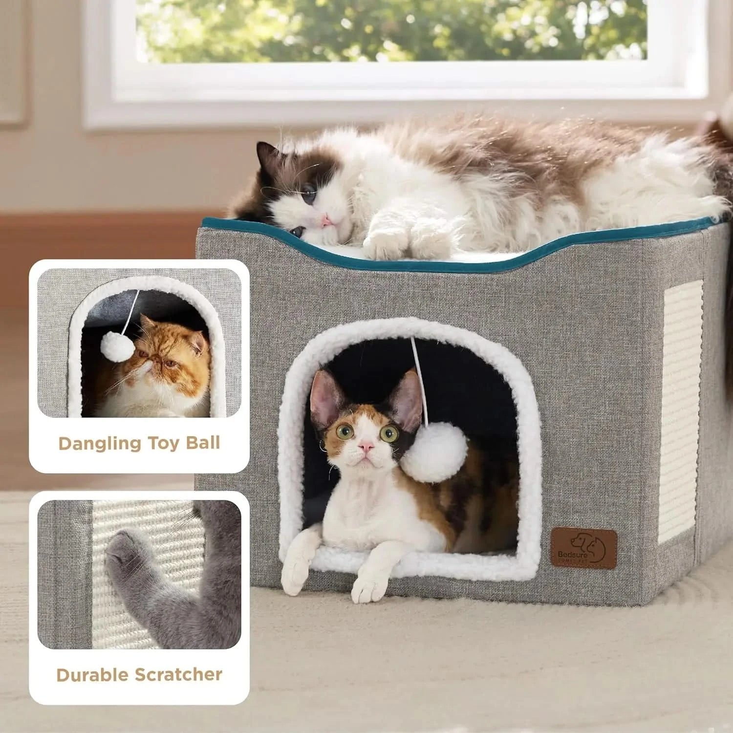 Bedsure Large Cozy Cat Cave Hideaway House, Scratch Pad, Plush Toy