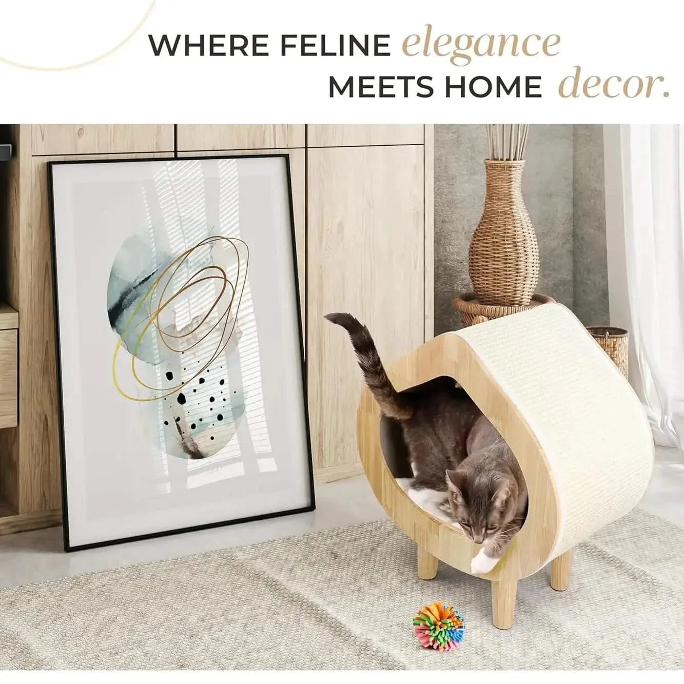 Dual-Use Cat Bed, Scratching Post Integrated, Sisal Surface, Non-Toxic, Natural Wood