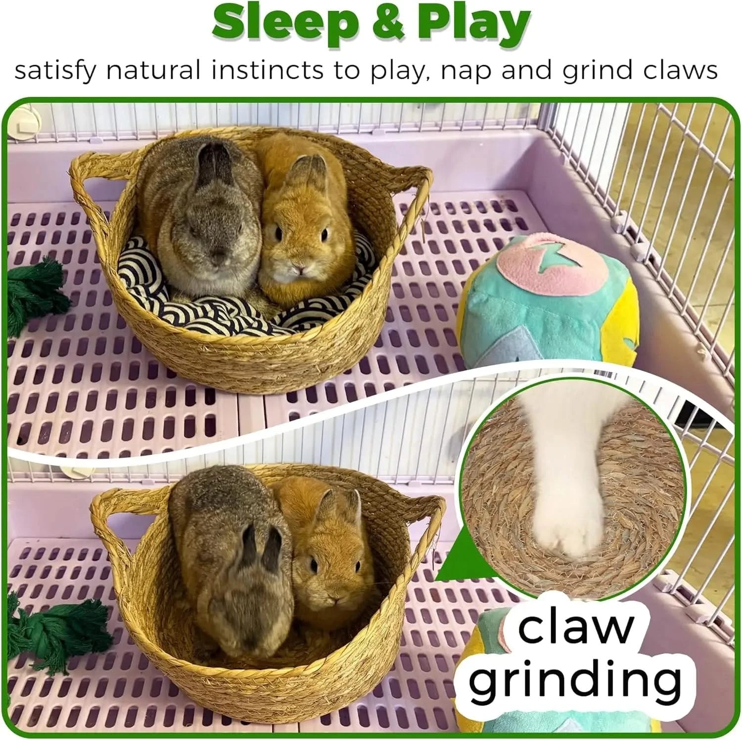 Durable Natural Woven Grass Bunny Bed with Warm Cushion for Rabbits