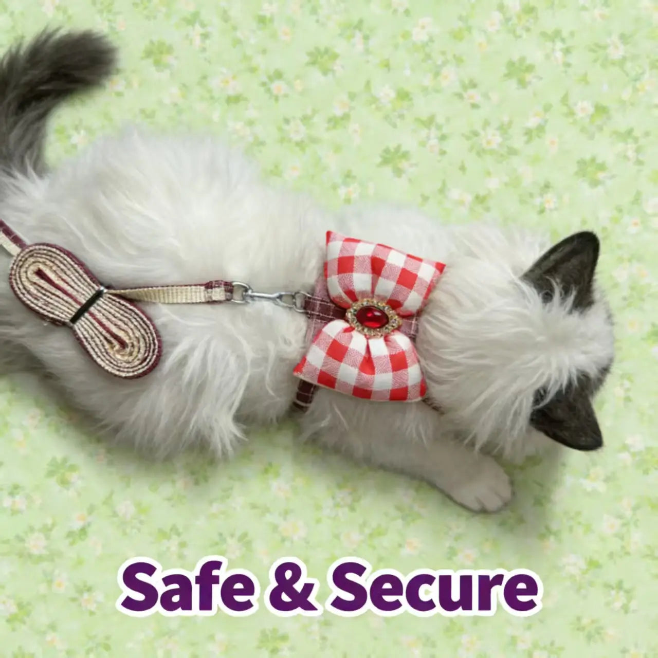 Escape-Proof Cat Harness & Leash: Gingham Bow & Rhinestone Accent
