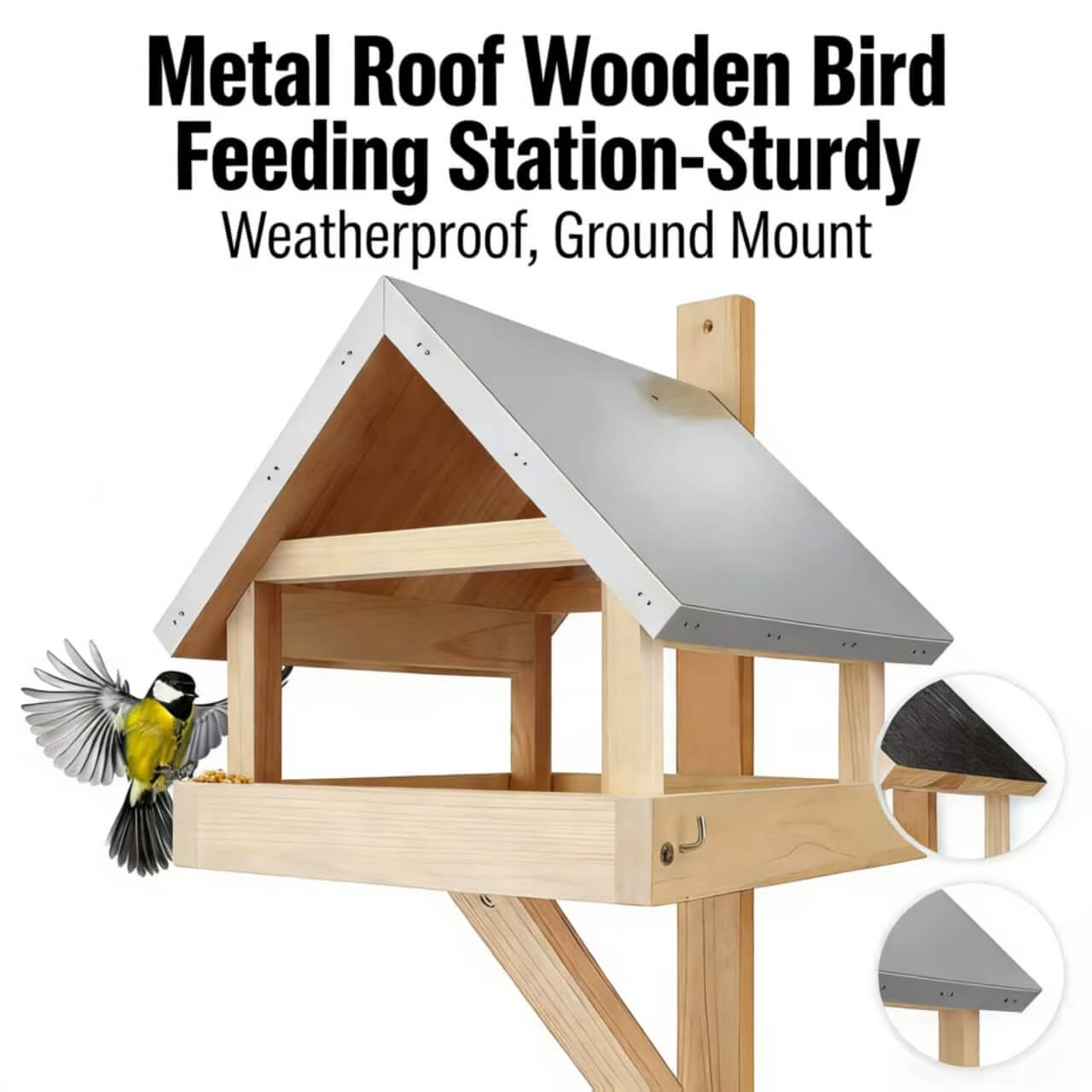 Sturdy Weatherproof Metal Roof Wooden Bird Feeding Station: Ground Mount for Small Birds