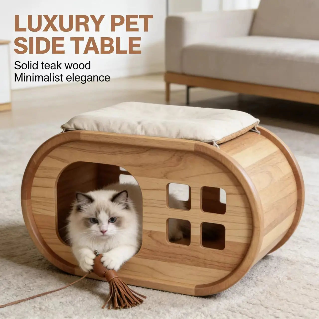 2-in-1 Wooden Cat Ottoman - Cushioned Top, Cat Cave, For Indoor Cats