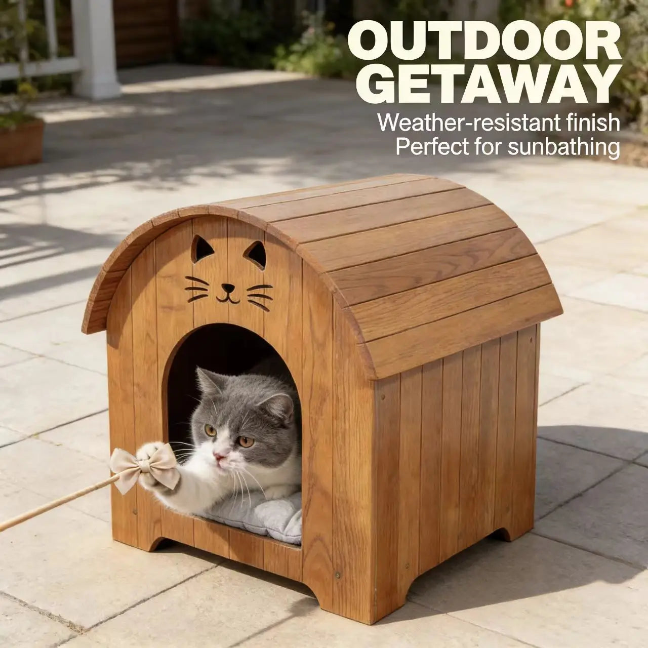 Cute Cat-Face Wooden Cat House - Curved Roof, Cushioned, For Indoor Cats