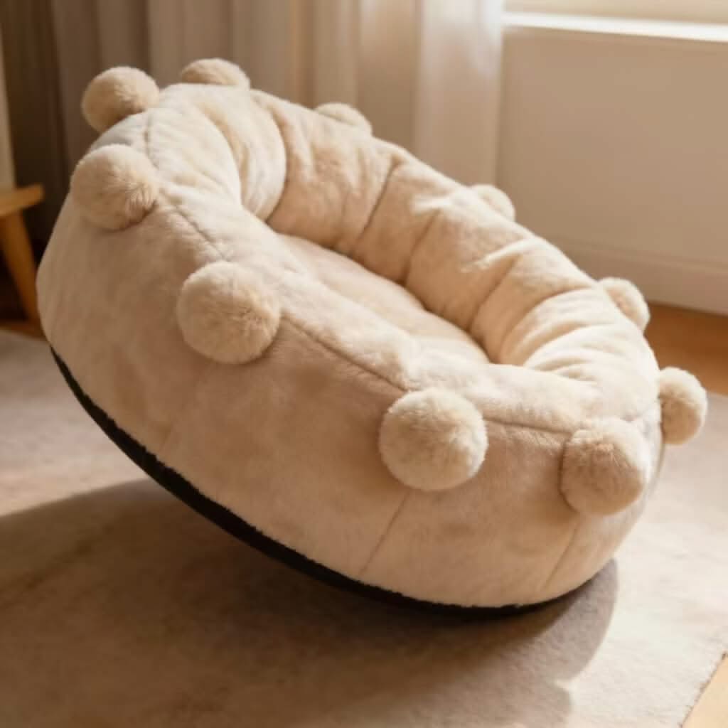 Fluffy Comfort Pet Bed for Cats- Pom-Pom Decor, Plush Fleece, Beige, All-Season