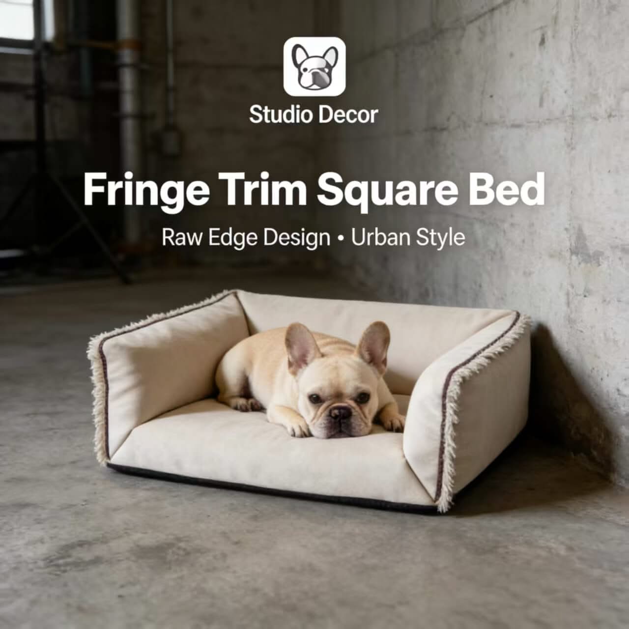 Studio-Decor Pet Bed for Dogs - Square, Beige, Fringe Trim, Raw Edge Design, Urban Style