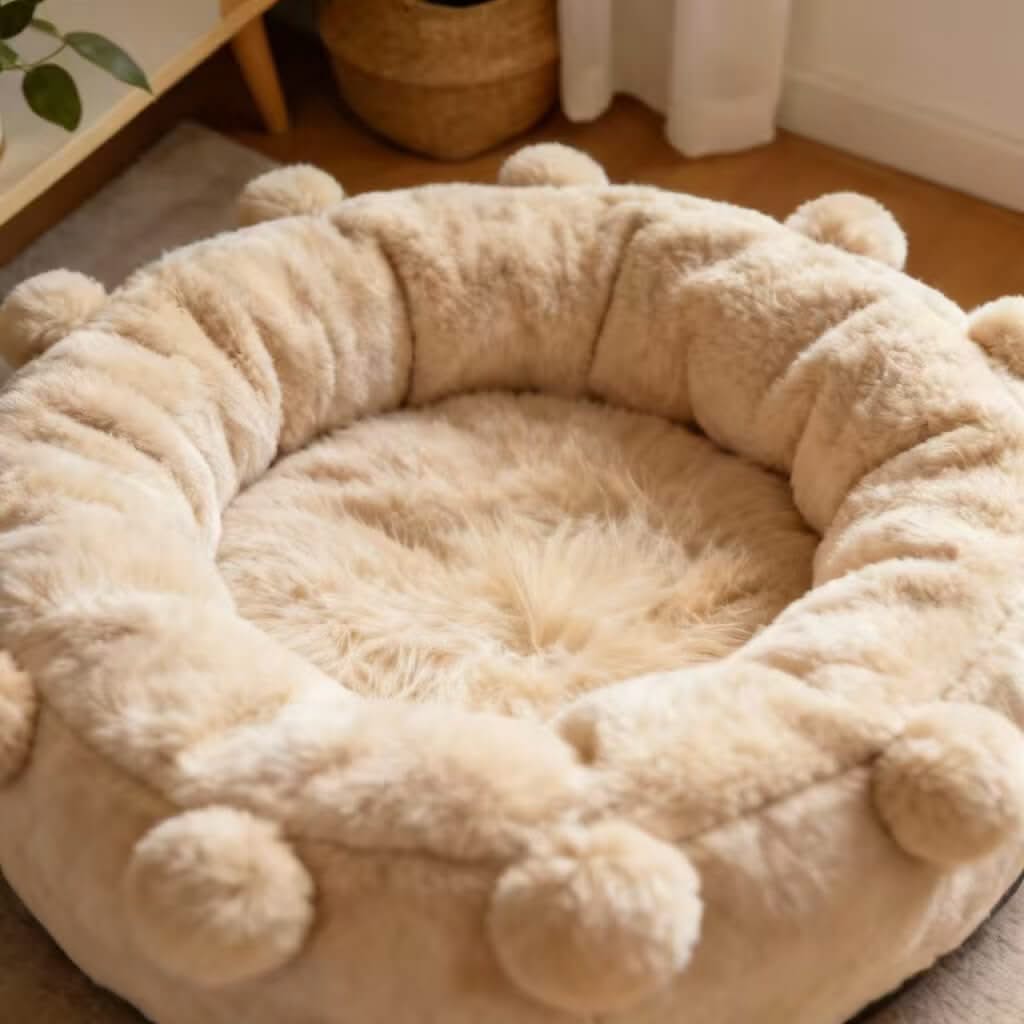 Fluffy Comfort Pet Bed for Cats- Pom-Pom Decor, Plush Fleece, Beige, All-Season