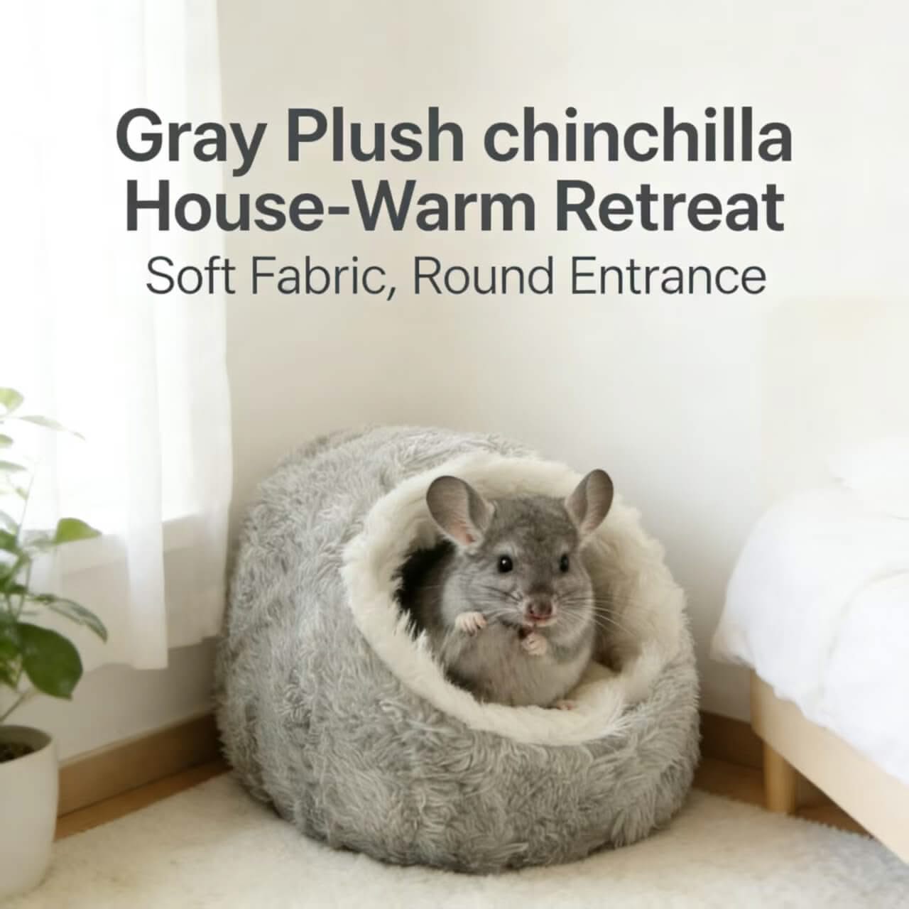 Warm-Retreat Chinchilla House for Chinchillas - Gray Plush, Soft Fabric, Round Entrance
