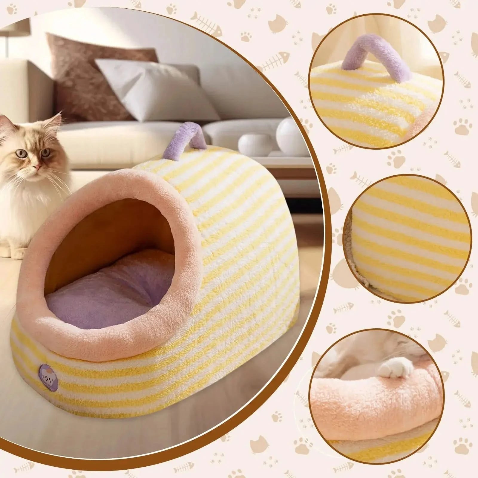 Soft Plush Cat Cave Bed House, Removable Washable Cushion, All Seasons
