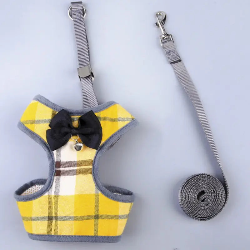 Escape-Proof Cat Harness & Leash: Plaid Print, Bow & Bell Accent