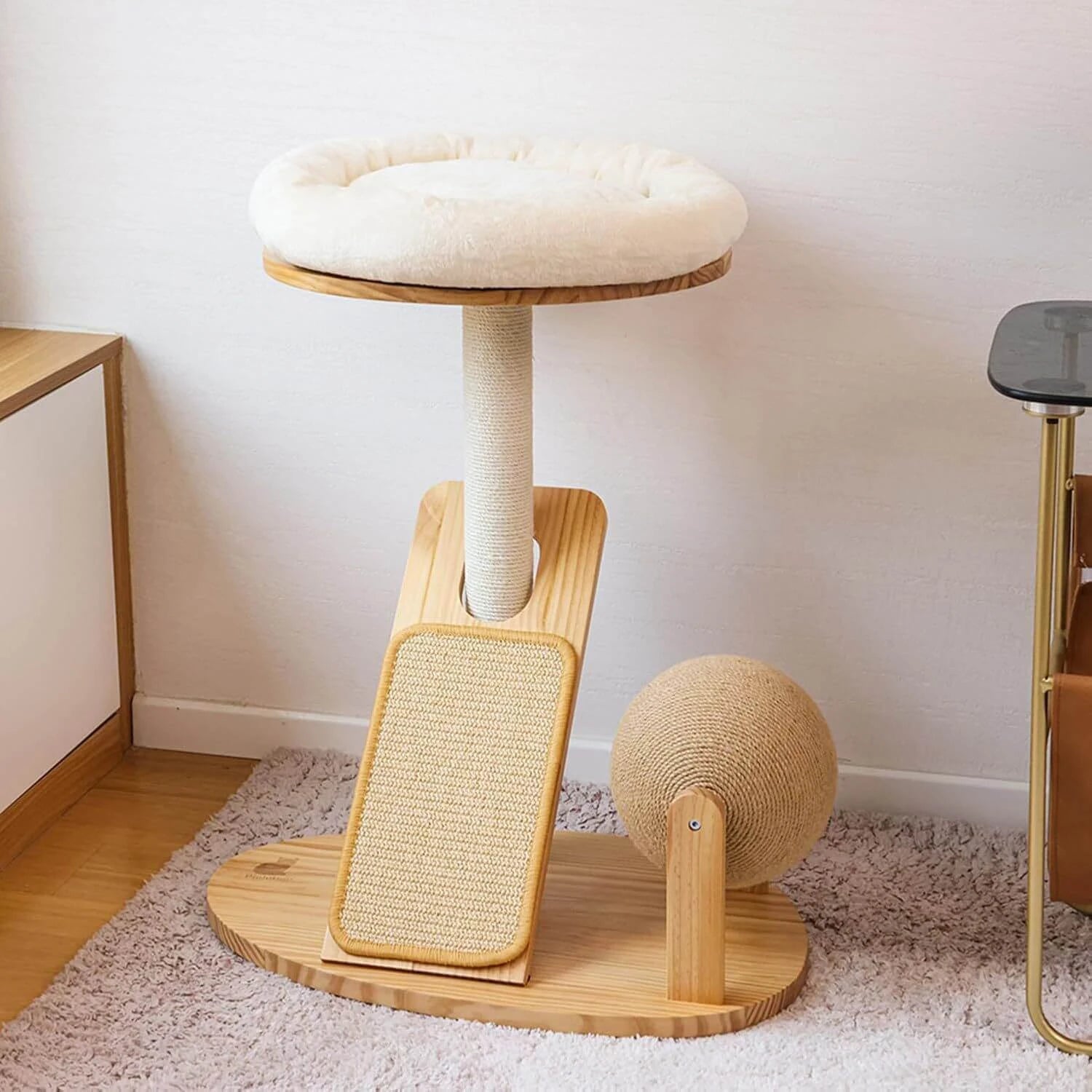 Wooden Cat Tree Scratcher, Sisal, Perch, Ball Toy, Dual-Function for Cats