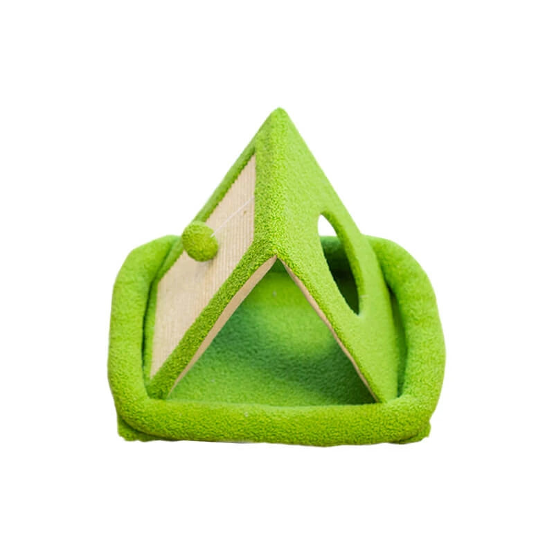 Niche Product: Green Triangle Cat Scratcher Bed, Wooden, Plush, Cat Rest & Claw Toy