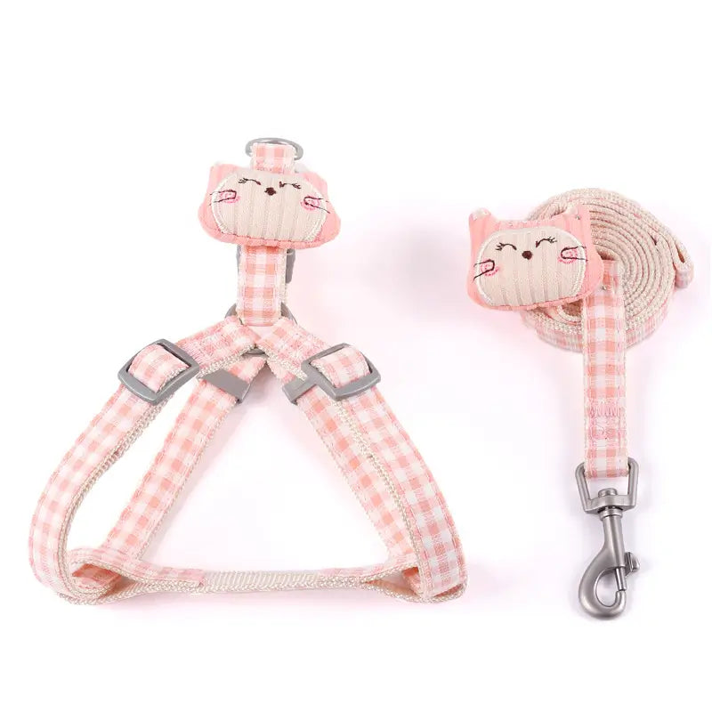 Escape-Proof Cat Harness & Leash: Cute Cat Face Accent, Plaid Design