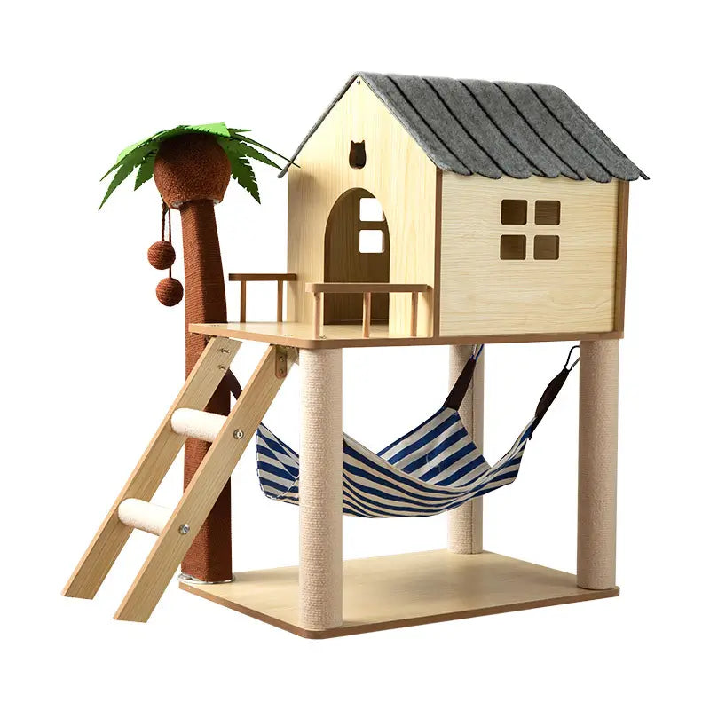 House-Style Cat Scratcher Tree: Rest & Scratch, Hammock, Wooden Frame (Beige-Blue)