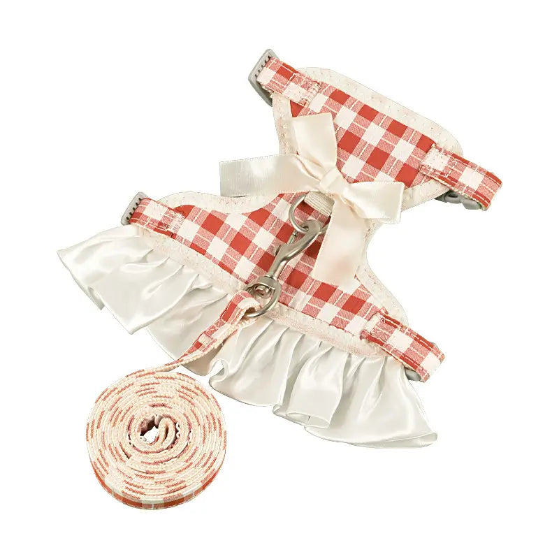 Escape-Proof Cat Harness & Leash: Ruffled Skirt & Bow, Plaid Design