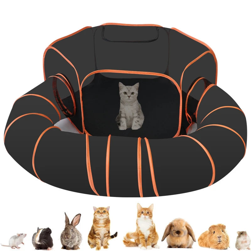 Spacious Tent-Style Cat Tunnel: Black & Orange Mesh, Roomy Play Space for Cats