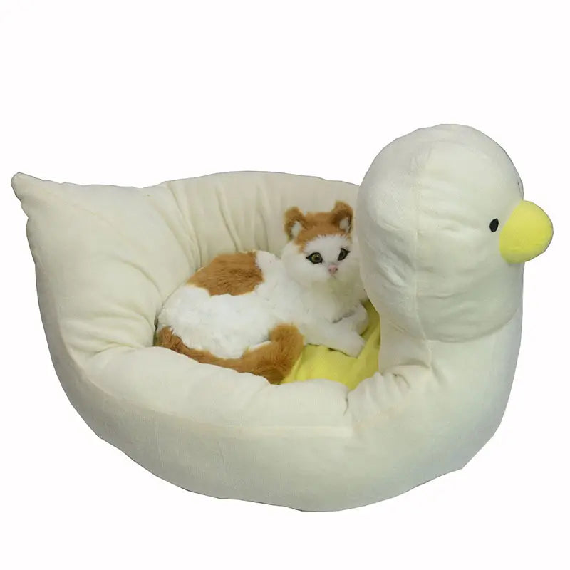 Duck-Shaped Cat Bed: Cozy Rest, Plush Surface, Cute Design (White-Yellow)