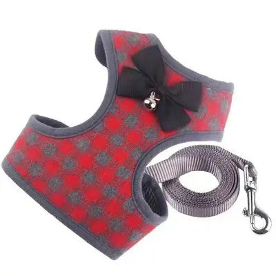 Escape-Proof Cat Harness & Leash: Bow & Bell Accent, Plaid Pattern