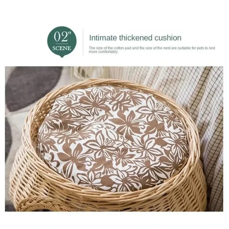 Eco-Friendly Handwoven Rattan Cat House, Durable Wicker Pet Nest with Thick Cushion