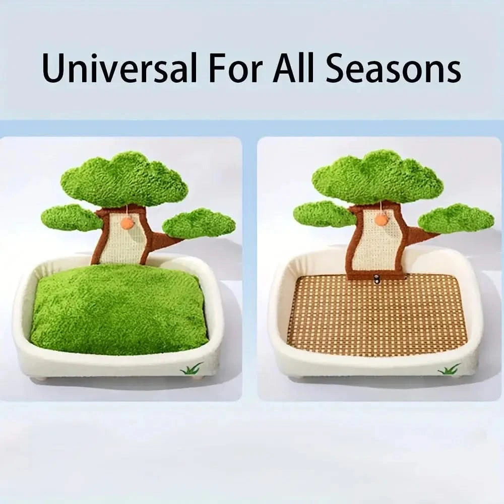 Cozy 2-in-1 Cat Bed & Scratcher, Pine Tree Design Pet Furniture with Washable Cushion