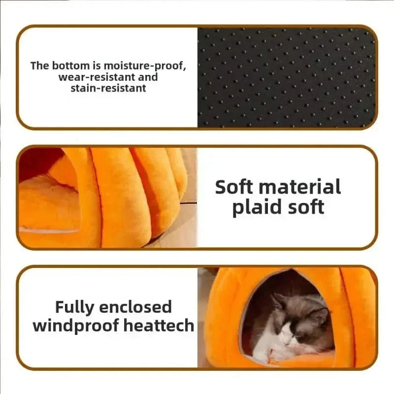 Cozy Pumpkin Pet House for Cats Small Dogs, Soft Warm Semi-Enclosed Kennel