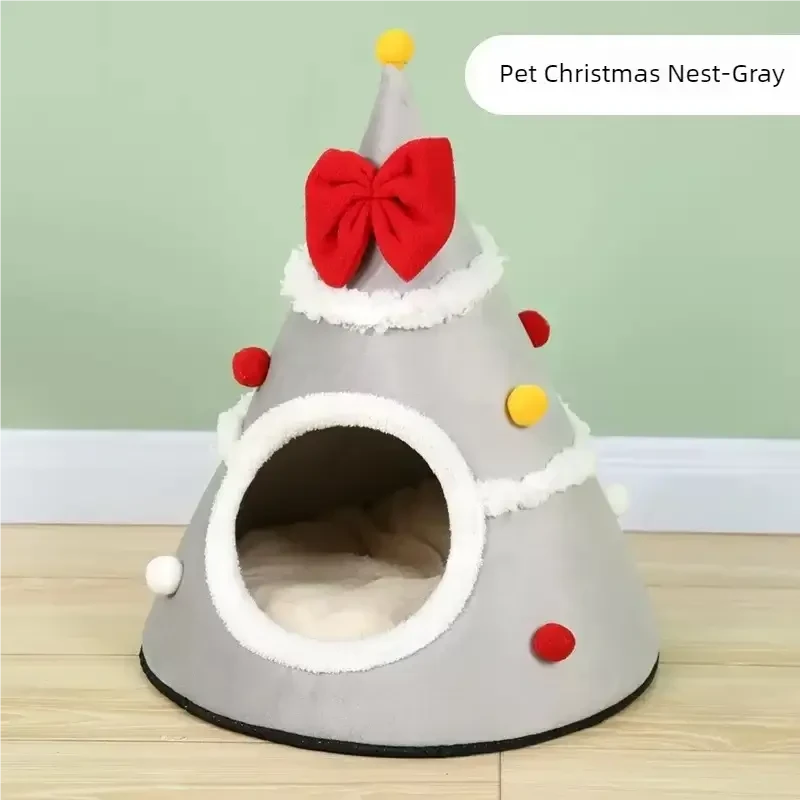 Cozy Christmas Tree Pet Lounger Cushion: Washable Warm Cat Dog House Bed