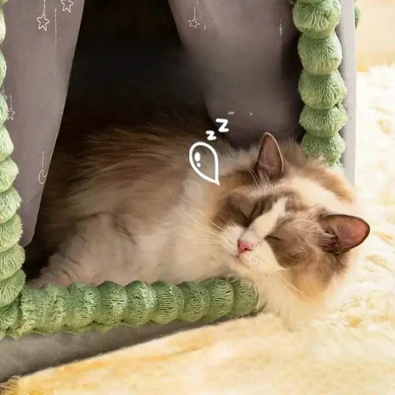 Cozy Plush Cat Bed House with Removable Cushion, Anti-Slip Warm Pet Cave