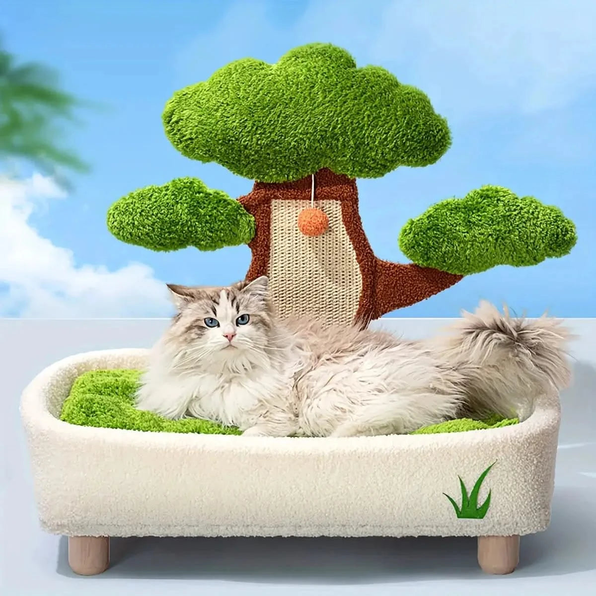 Cozy 2-in-1 Cat Bed & Scratcher, Pine Tree Design Pet Furniture with Washable Cushion