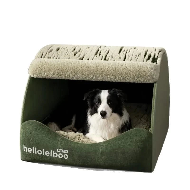 Cozy Semi-Enclosed Plush Dog House Bed for Warm Winter Comfort