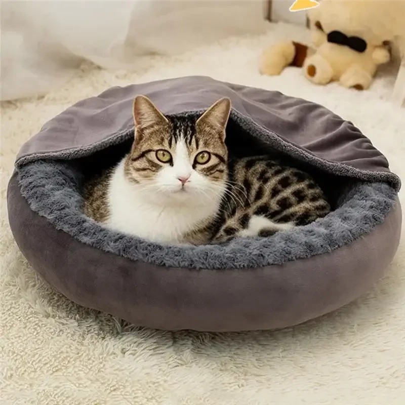 Plush Hooded Donut Pet Bed for Calming Small Dogs & Cats – Warm Winter Comfort