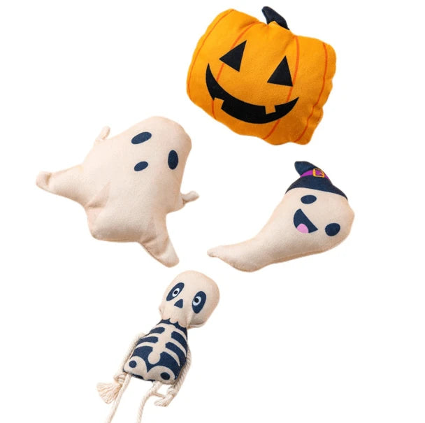 Interactive Halloween Plush Toy Set for Cats/Dogs - Pumpkin/Ghost/Skeleton, Soft Fabric
