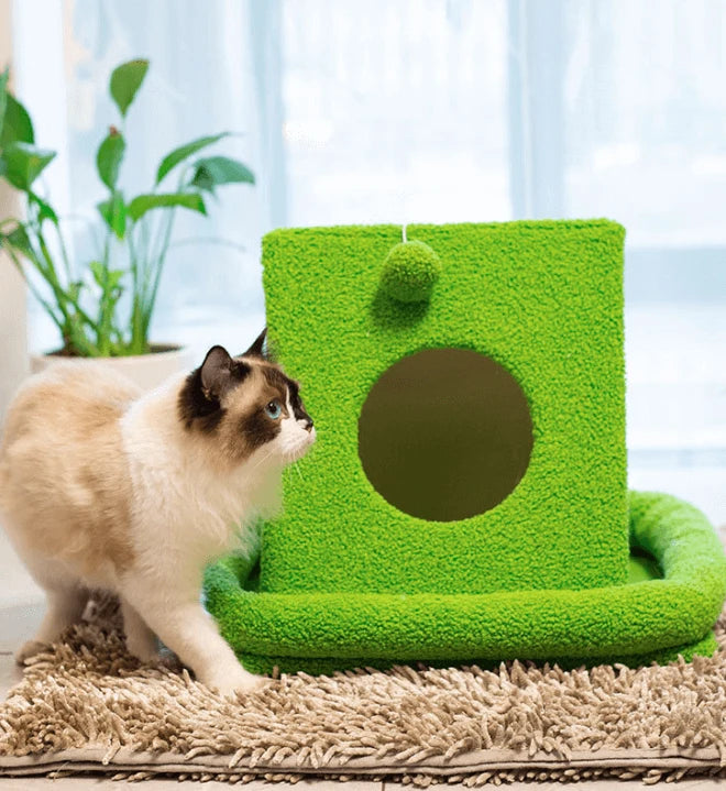 Niche Product: Green Triangle Cat Scratcher Bed, Wooden, Plush, Cat Rest & Claw Toy