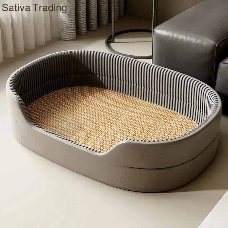 Deluxe All-Season Pet Kennel: Cooling Rattan Mat, Raised Edges, Sofa-Feel Comfort