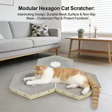 Modular Hexagon Cat Scratcher: Interlocking, Durable Mesh, Non-Slip Base (Beige)