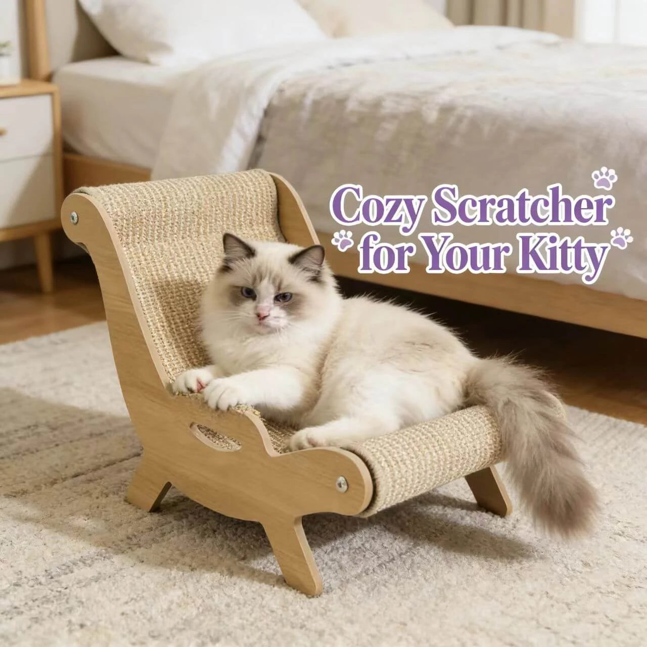 Rest & Scratching Cat Chair & Scratcher for Cats - Wood Frame, Sisal, Beige