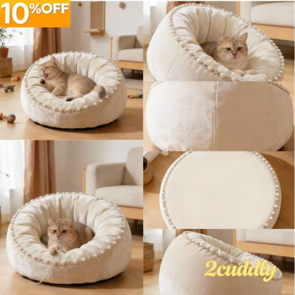 Luxury Pearl-Chain Pet Bed for Cats - Velvet, Cream, Round, Soft Cushion, All-Season