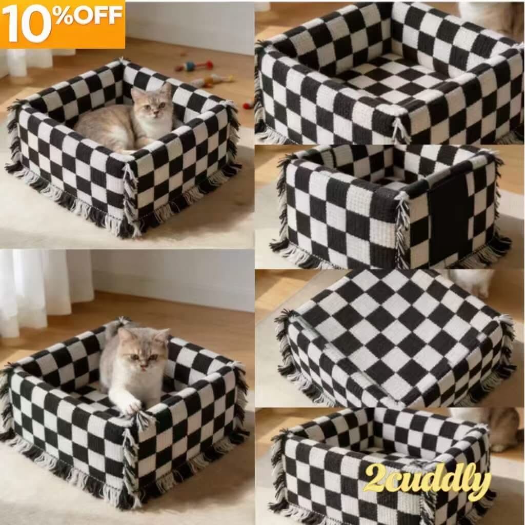 Checkerboard Knit Cat Bed, Acrylic Yarn Fringe Trim Black/White for Cat