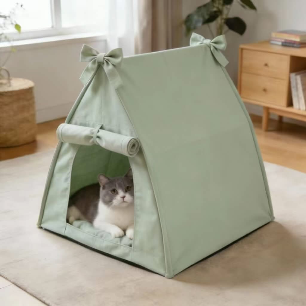Private Pet Tent Bed for Cats - Mint Green, Bow Decor, Fabric, Cozy Hiding Spot