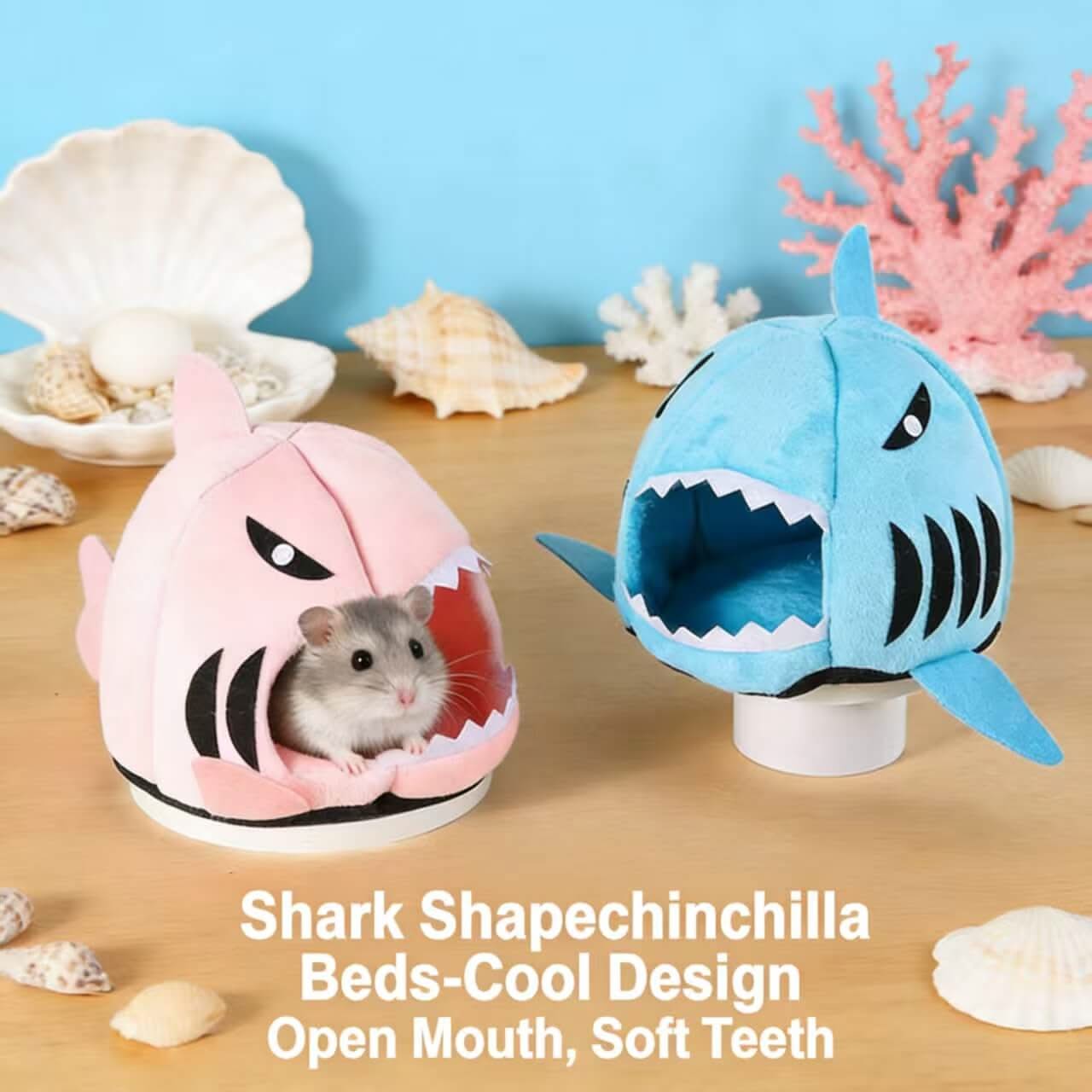 Cool-Design Chinchilla House for Chinchillas - Shark Shape, Pink-Blue, Open Mouth, Soft Teeth