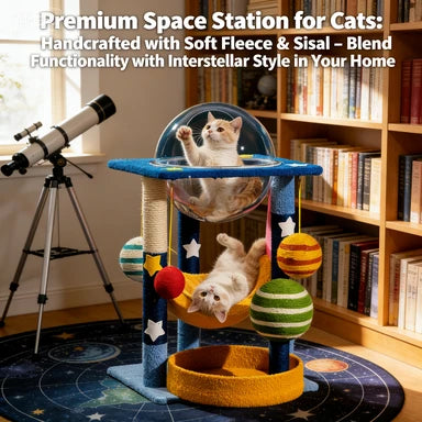 Niche Product: Space-Themed Cat Tree Scratcher, Blue/Yellow, Multi-Layer, Rest & Claw Care for Cats