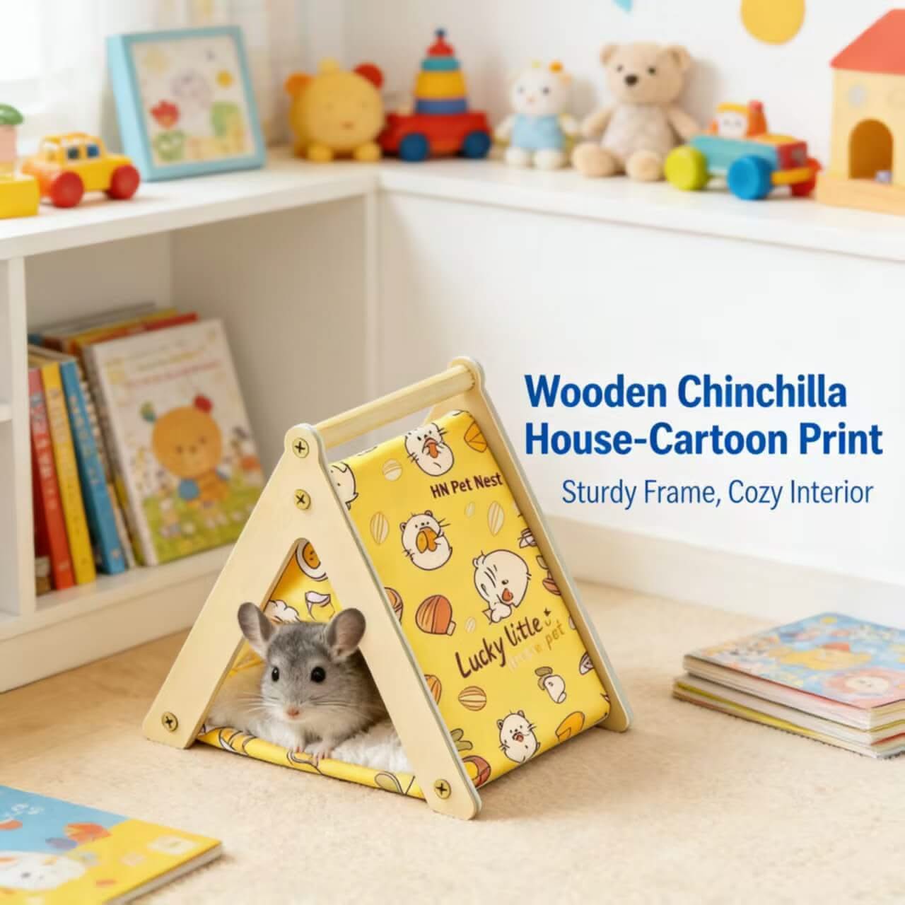 Sturdy-Cozy Chinchilla House for Chinchillas - Wooden Frame, Cartoon Print, Yellow Design