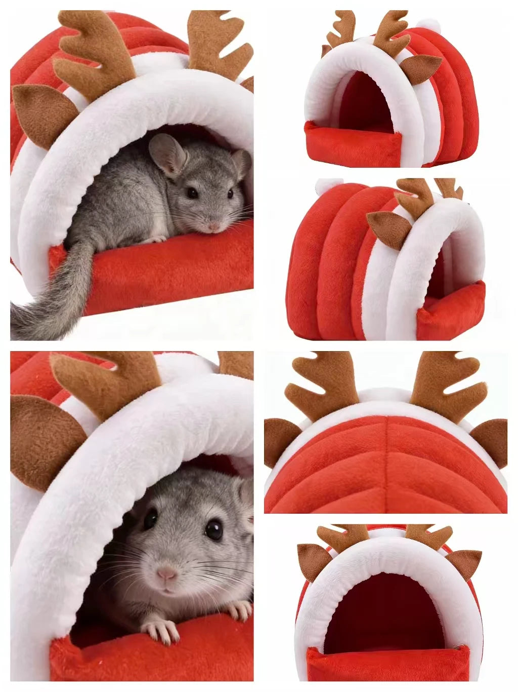 Cozy Hideaway Chinchilla Nest Red White Plush Reindeer Antler Christmas Pet House