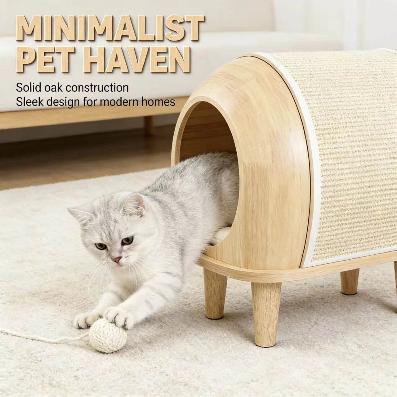 Modern Cat Cave with Sisal Scratcher - Elevated Legs, Interactive Toy, Premium Pet Furniture