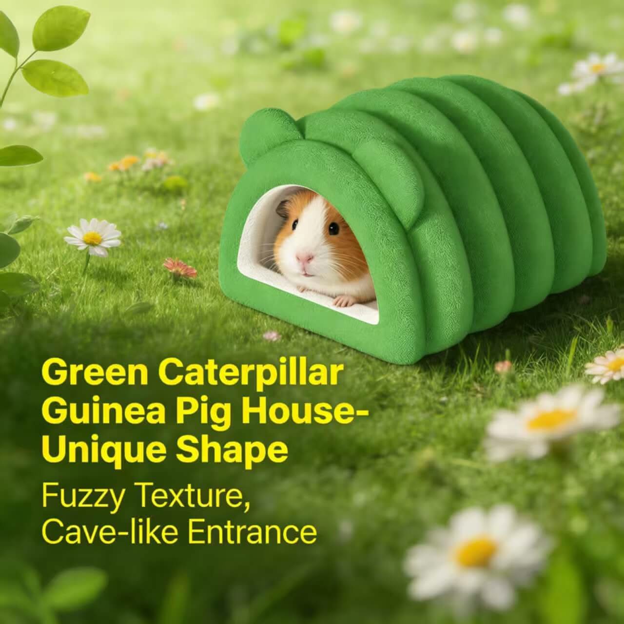 Unique-Shape Guinea Pig House for Guinea Pigs - Green Caterpillar, Fuzzy Texture, Cave-like Entrance