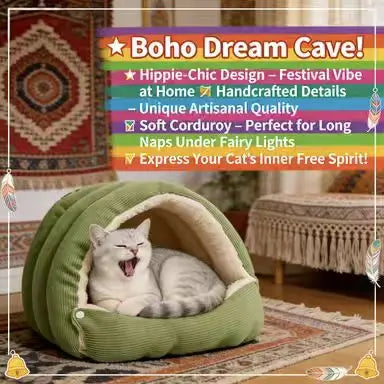 Corduroy Cave Cat Bed: Cozy Hideaway, Plush Lining (Green)