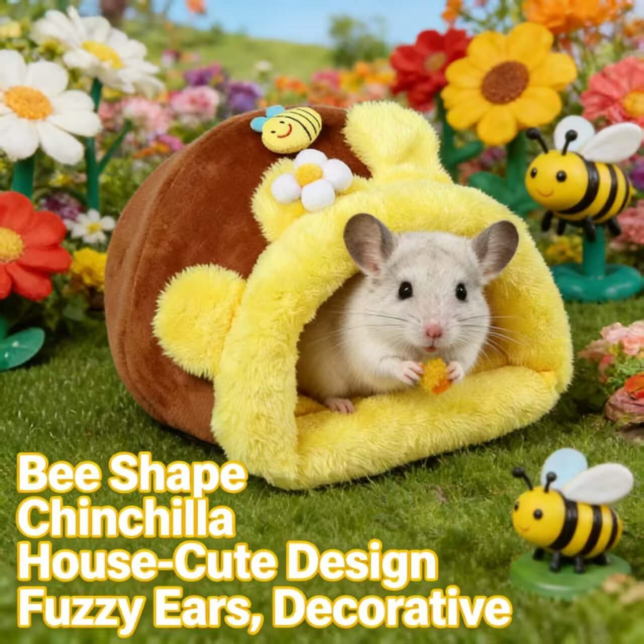 Cute-Comfy Chinchilla House for Chinchillas - Bee Shape, Yellow-Brown, Fuzzy Ears, Decorative Details