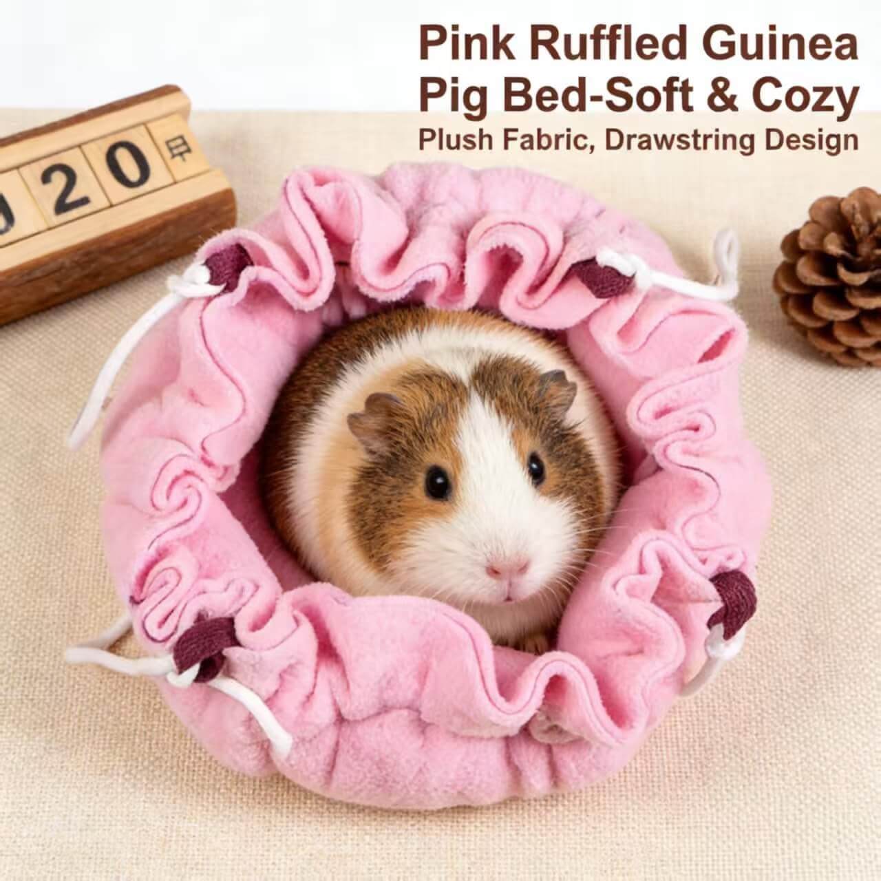 Soft-Cozy Guinea Pig House for Guinea Pigs - Pink Ruffled, Plush Fabric, Drawstring Design